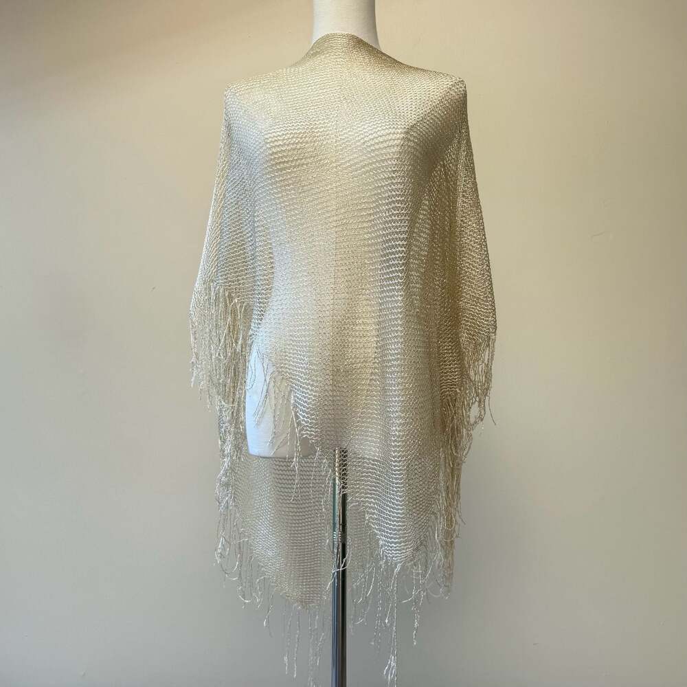 Metallic Gold Knit Fringe Poncho Shawl Cover-Up
